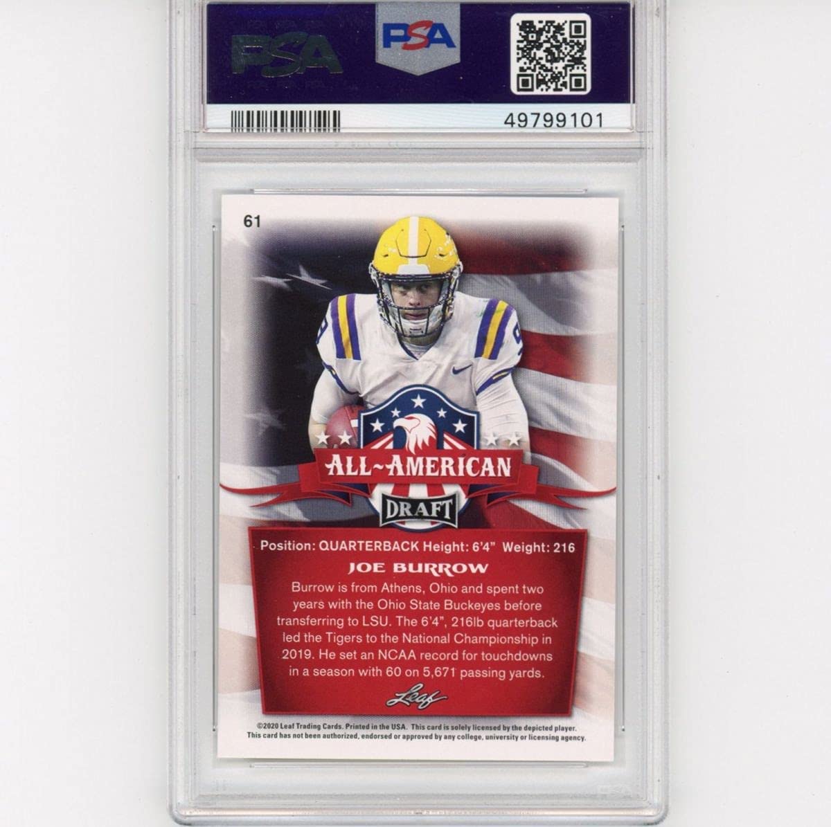 Graded 2020 Leaf Draft Joe Burrow #61 All-American Rookie RC Football Card PSA 10 Gem Mint
