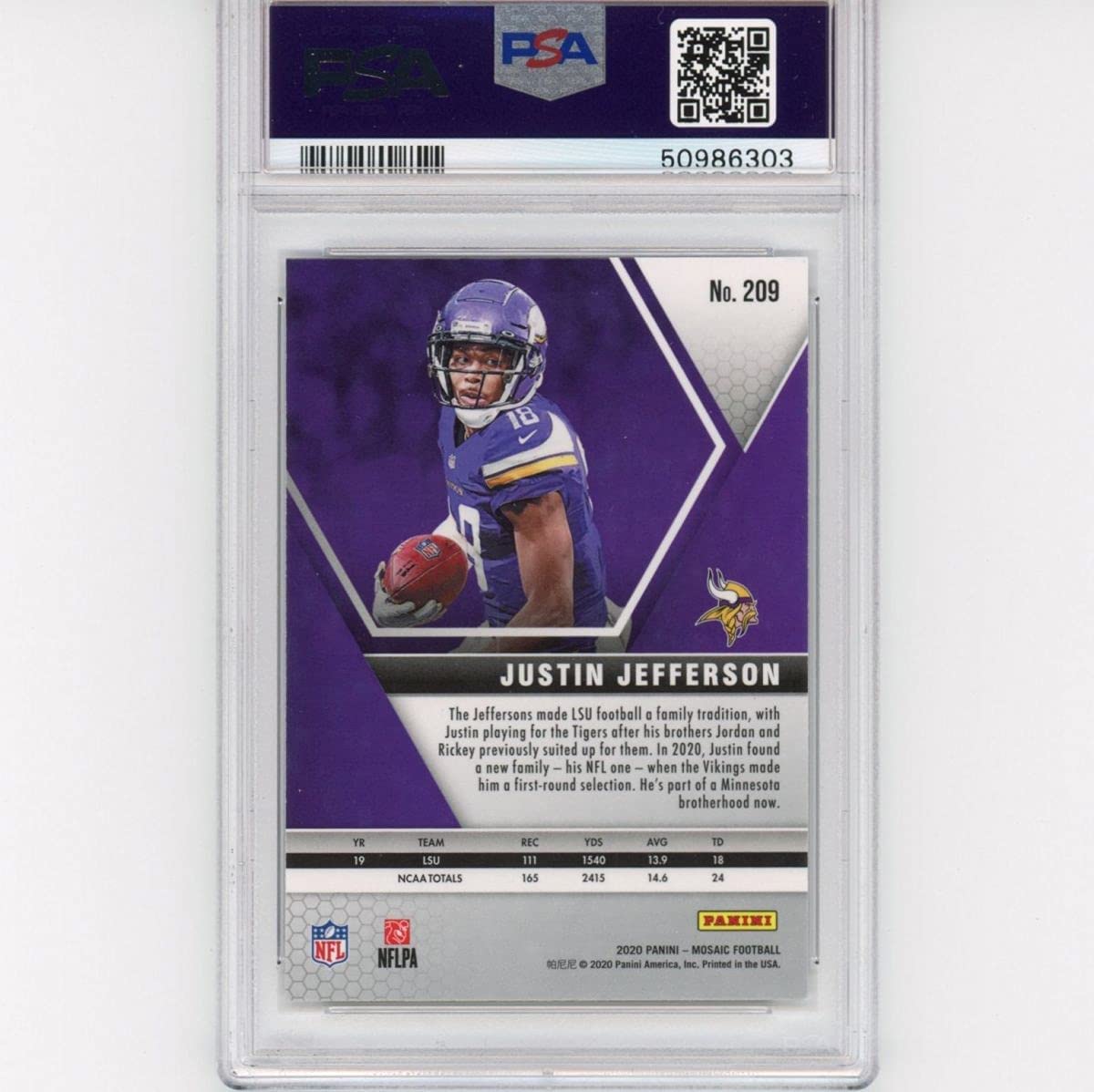 Graded 2020 Panini Mosaic Justin Jefferson #209 Rookie RC Football Card PSA 9 Mint