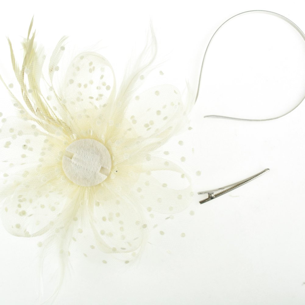 DRESHOW Fascinators Hat Flower Mesh Ribbons Feathers on a Headband and a Clip Tea Party Headwear for Girls and Women