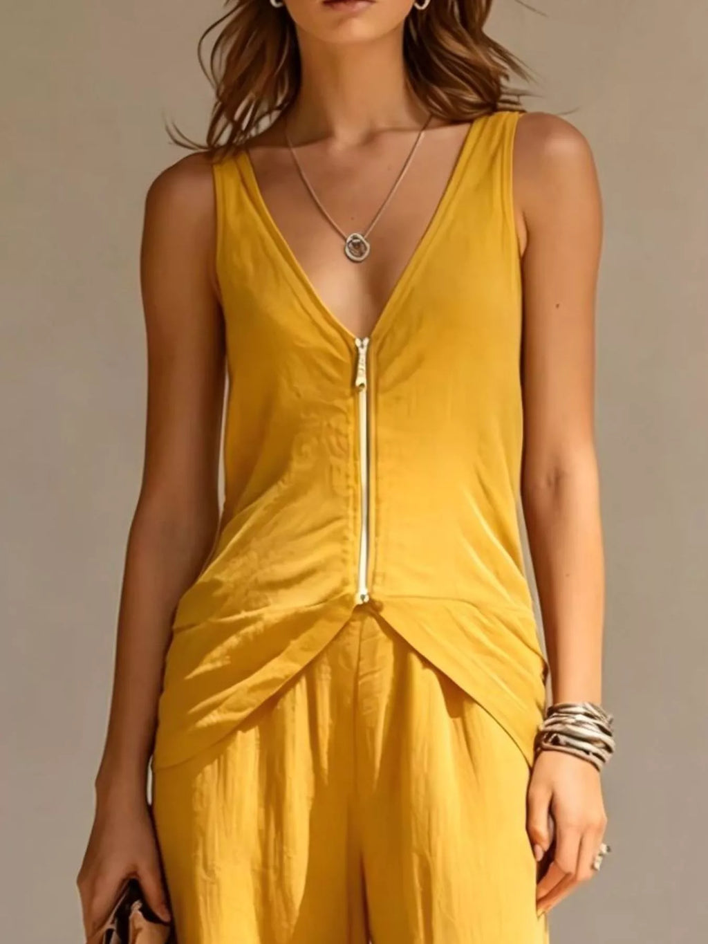 Full Size Zipper Front Tank and Wide-Leg Pants Set Plus Size