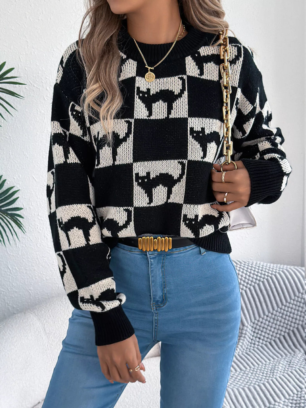 Checkerboard Halloween Graphic Sweater