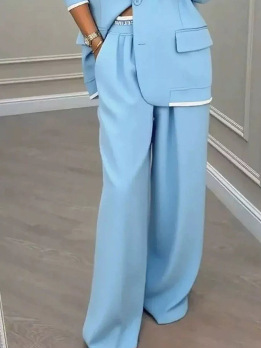 Full Size One Button Blazer and Wide-Leg Pants Set Plus Size