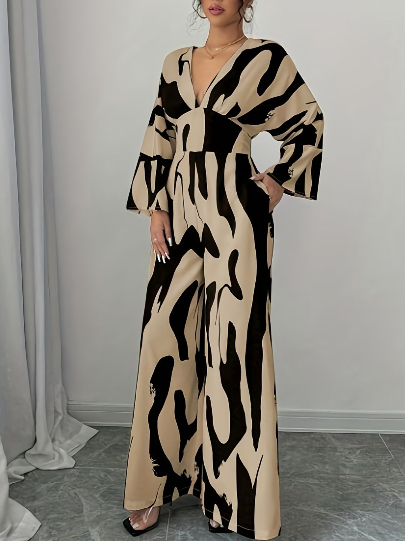 Abstract Print V-Neck Wide Leg Jumpsuit