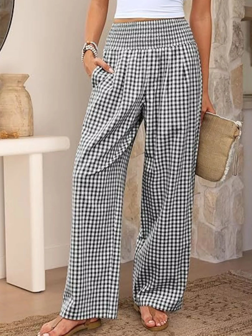 Gingham Wide-Leg Pants