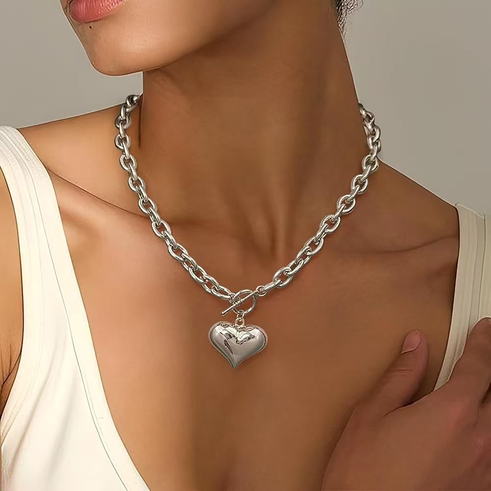 Cross-Border European And American Simple Fashion Ot Buckle Gold-Plated Thick Chain Fluffy Heart-Shaped Pendant Necklace Thick Thick Chain Necklace Jewelry