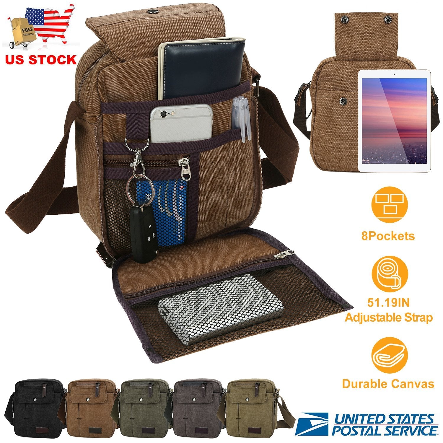 Crossbody Canvas Bag for Phone and Tablet Zipper Pockets