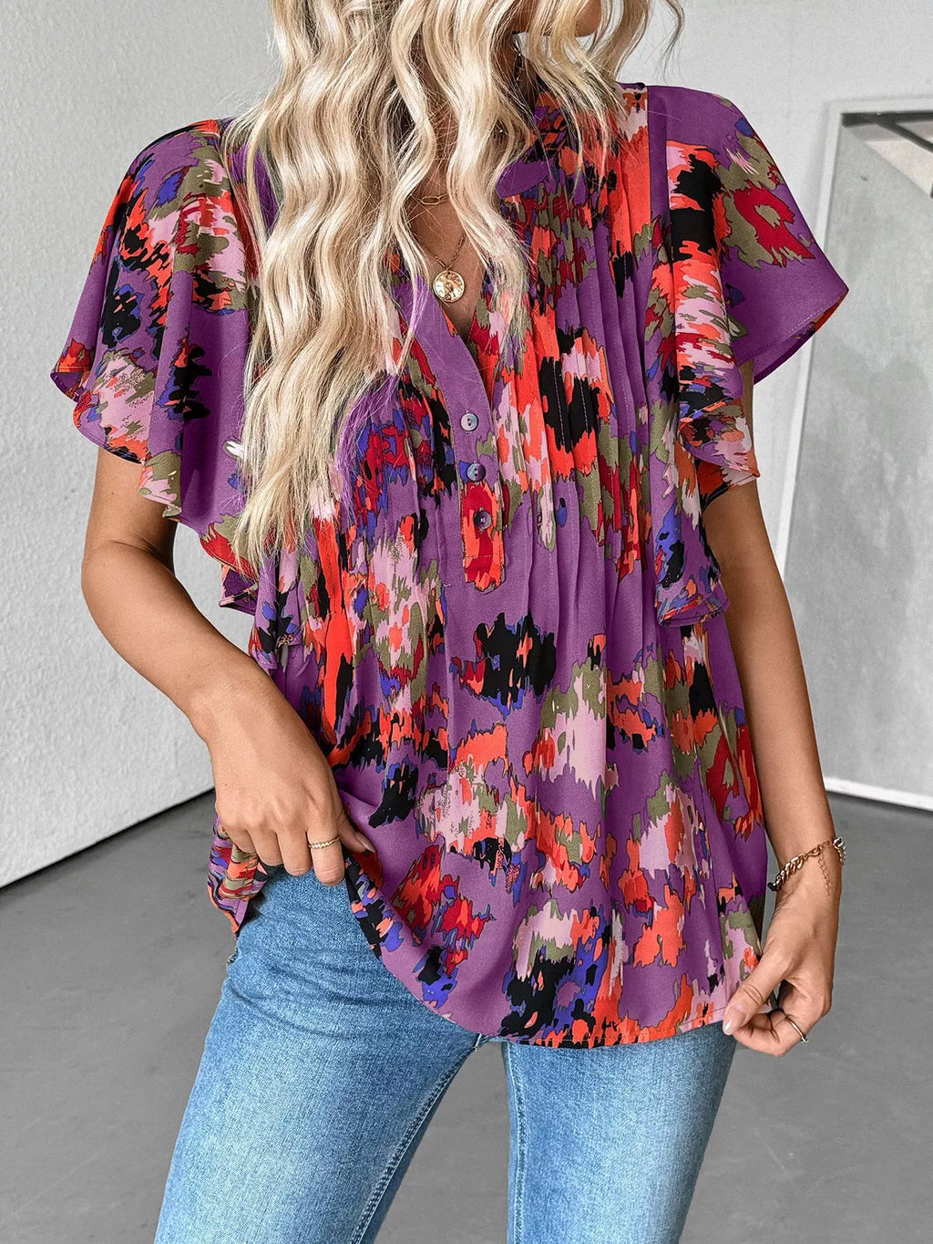 Abstract Print Flutter Sleeve Blouse