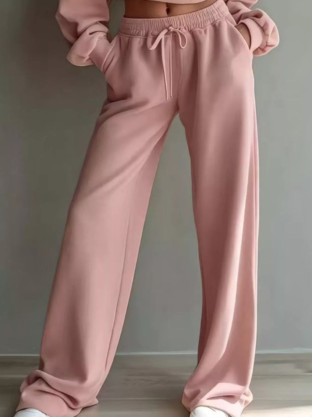 Round Neck Cropped Sweatshirt and Wide-Leg Pants