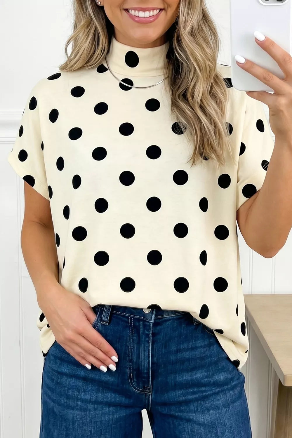 Polka Dot Print High Neck Dolman Top