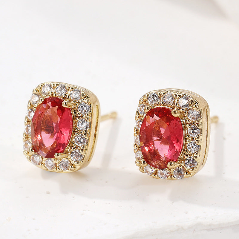 Elegant Rose Red Oval Crystal Stud Earrings Gold Tone Brass Women Party Fashion Jewelry Sparkling