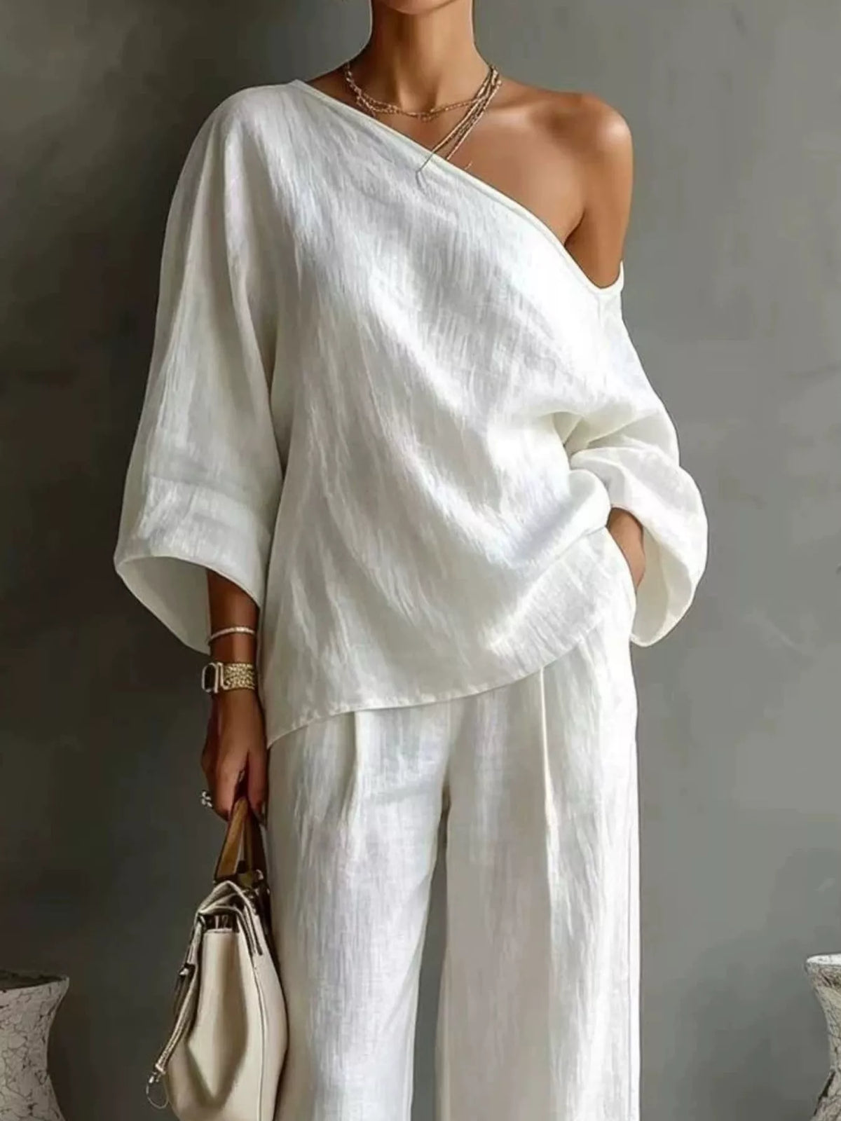 One Shoulder Top and Wide Leg Pants Set