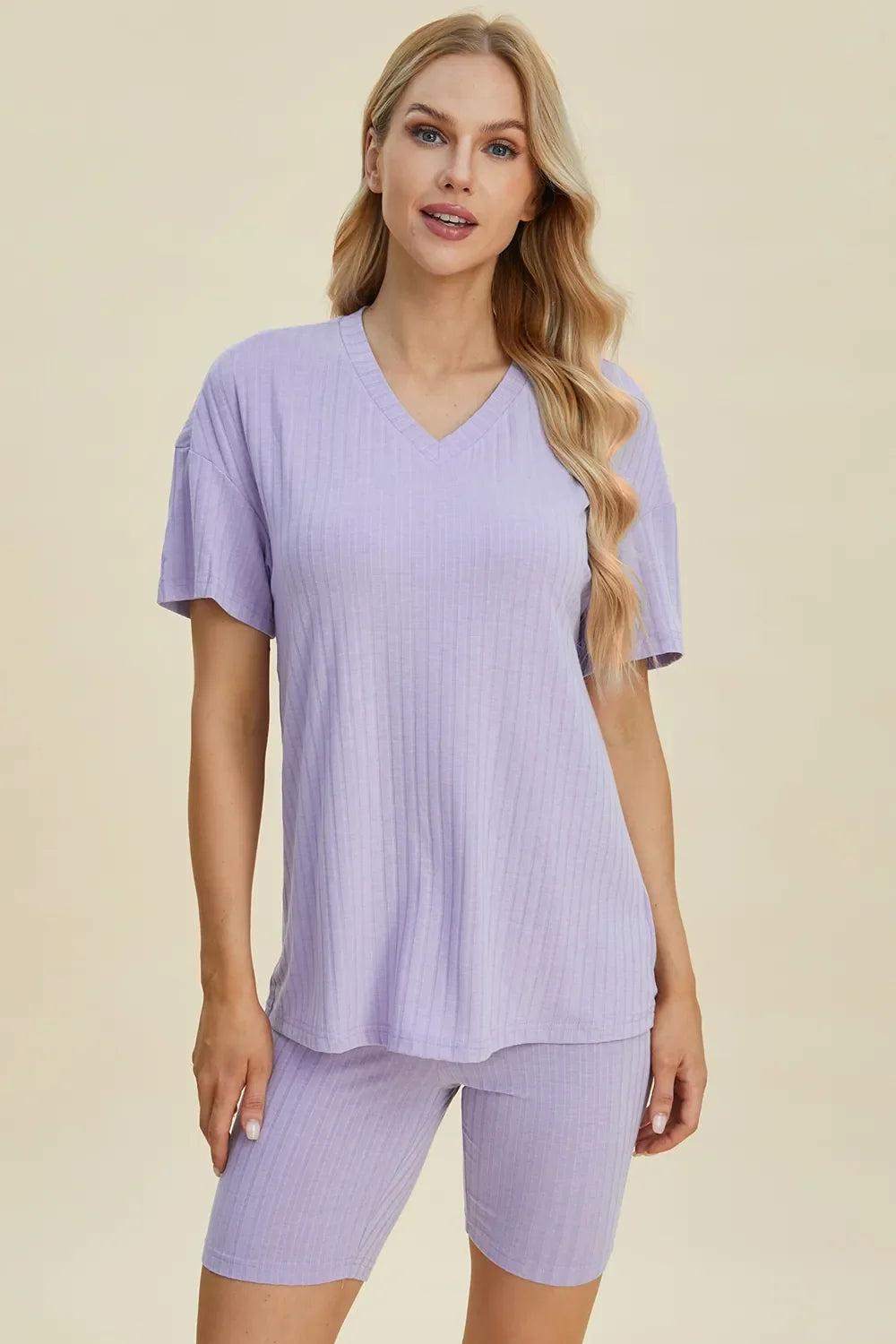 Plus Size Ribbed V-Neck Top & Shorts Set