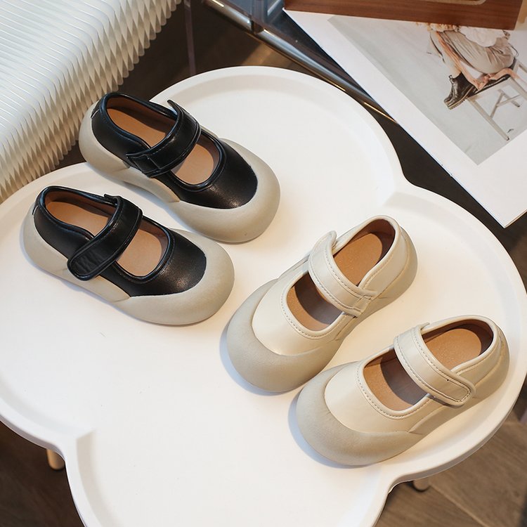Children's Small Leather Shoes, Girls' Round Toe Soft Sole, Straight Strap, Shallow Mouth French Single Shoe, Versatile Leather Shoes