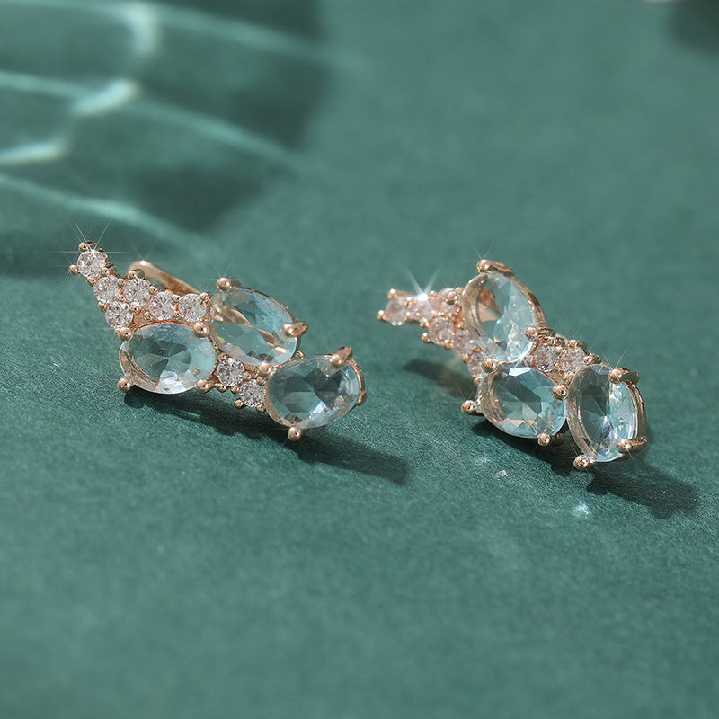 Aqua Blue Oval Crystal Stud Earrings Rose Gold Tone Brass Women Elegant Party Fashion Jewelry