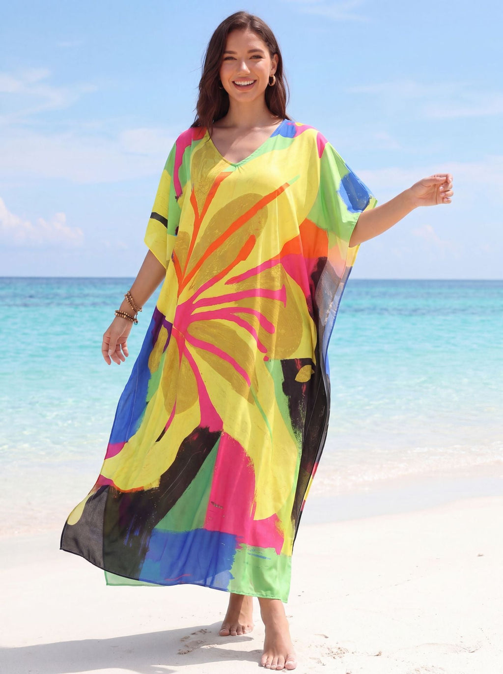 Women Flower Print Kaftan Dresses Plus Size Side Open Loungewear