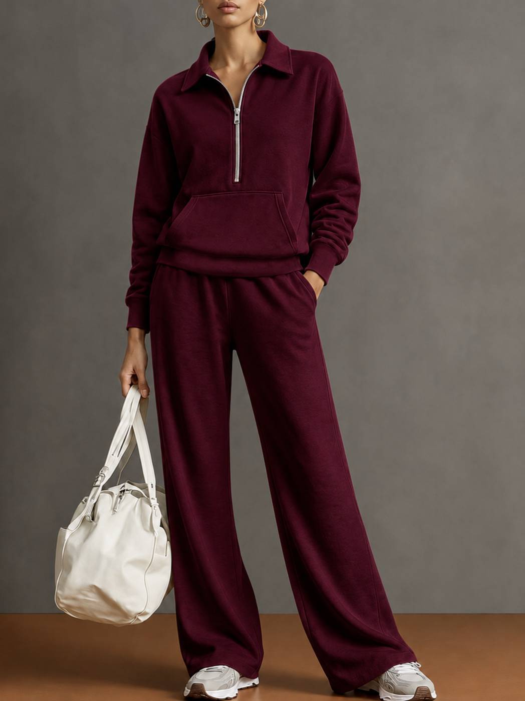 Autumn And Winter New Cross-Border European And American Women's Clothing Lapel Half-Zip Sweatshirt Loose Casual Wide-Leg Pants Two-Piece Set For Women