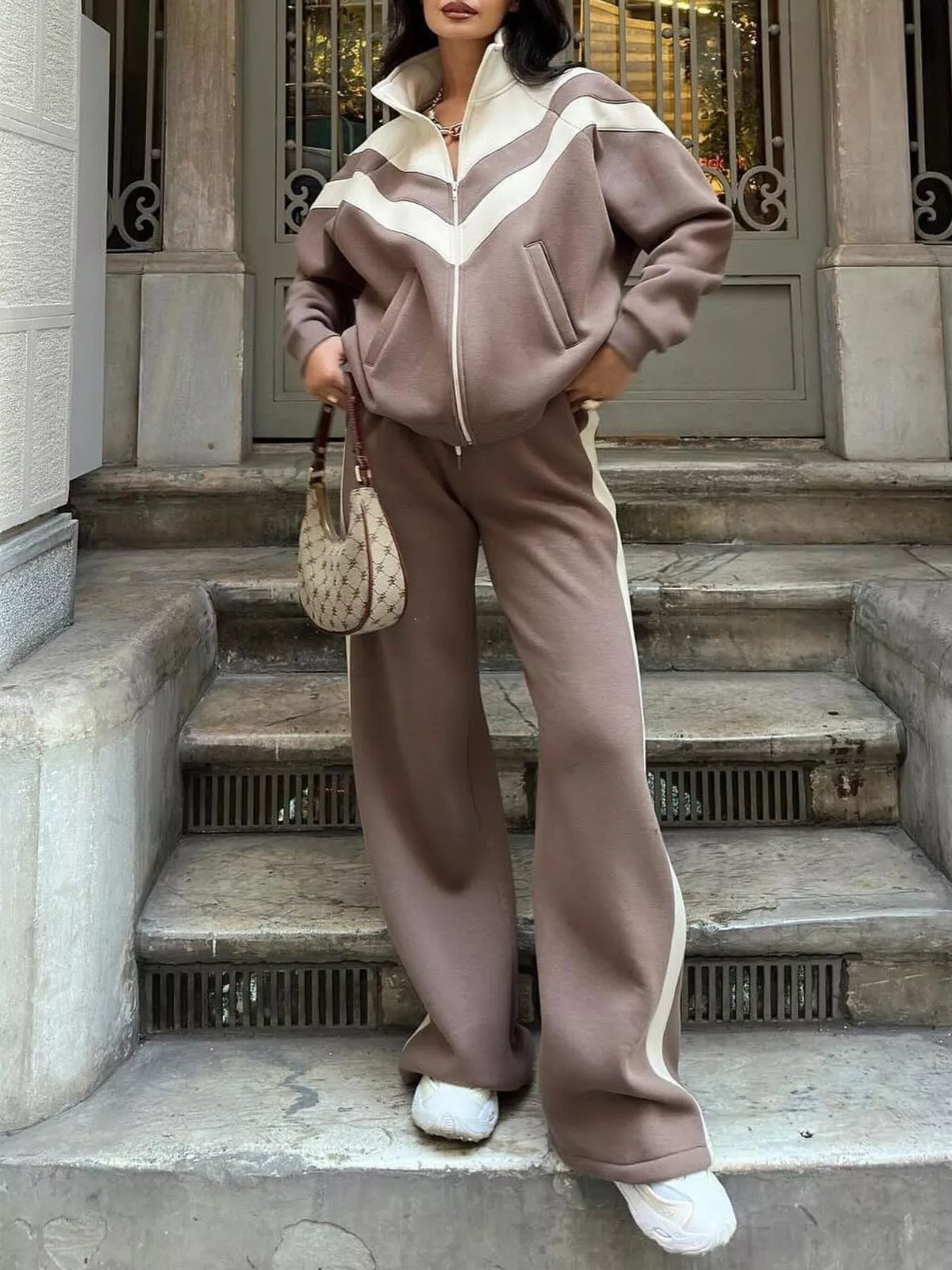 Color Block Zip-Up Outerwear and Pants Set