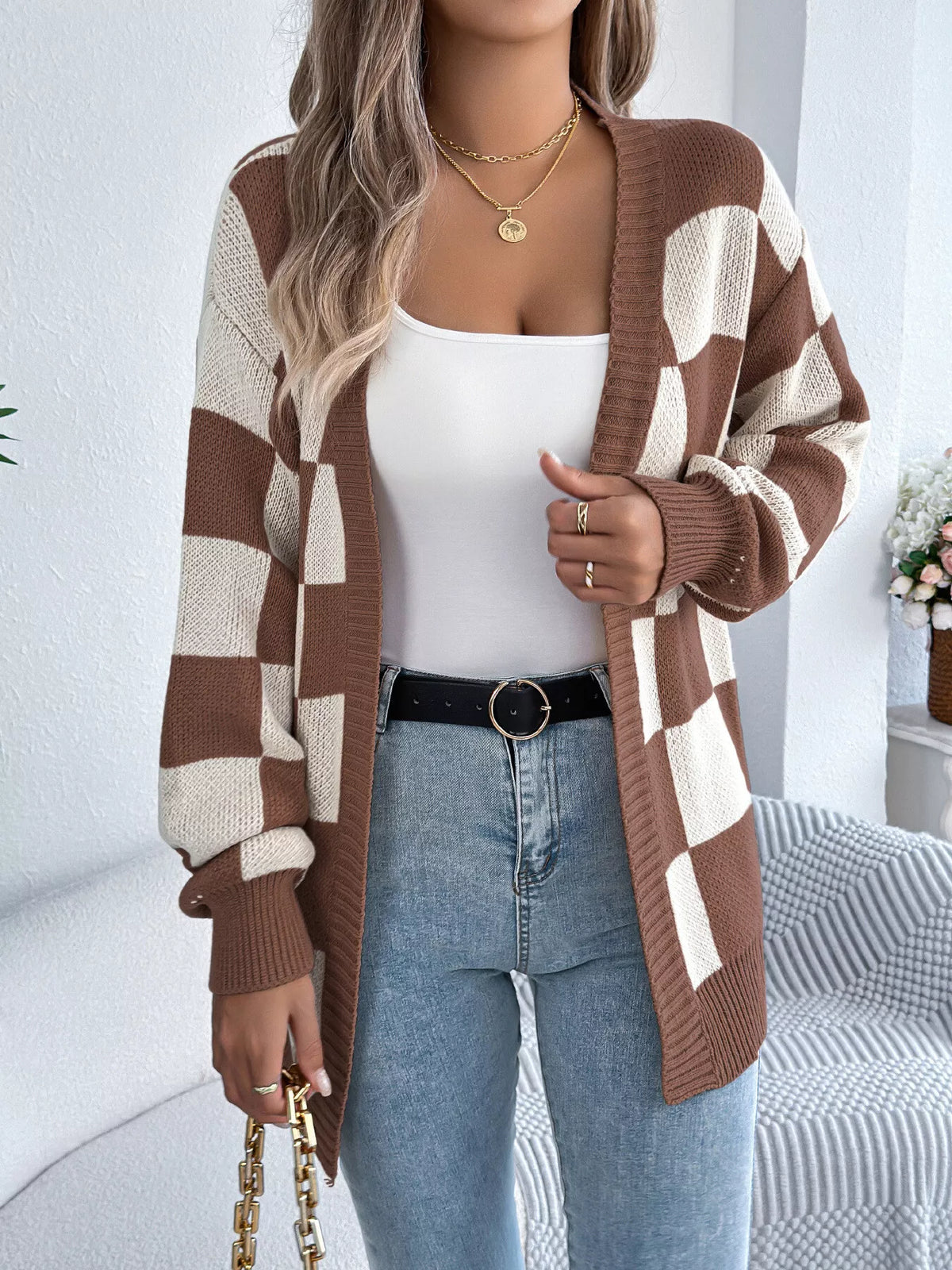 Checkerboard Pattern Open Front Knit Cardigan