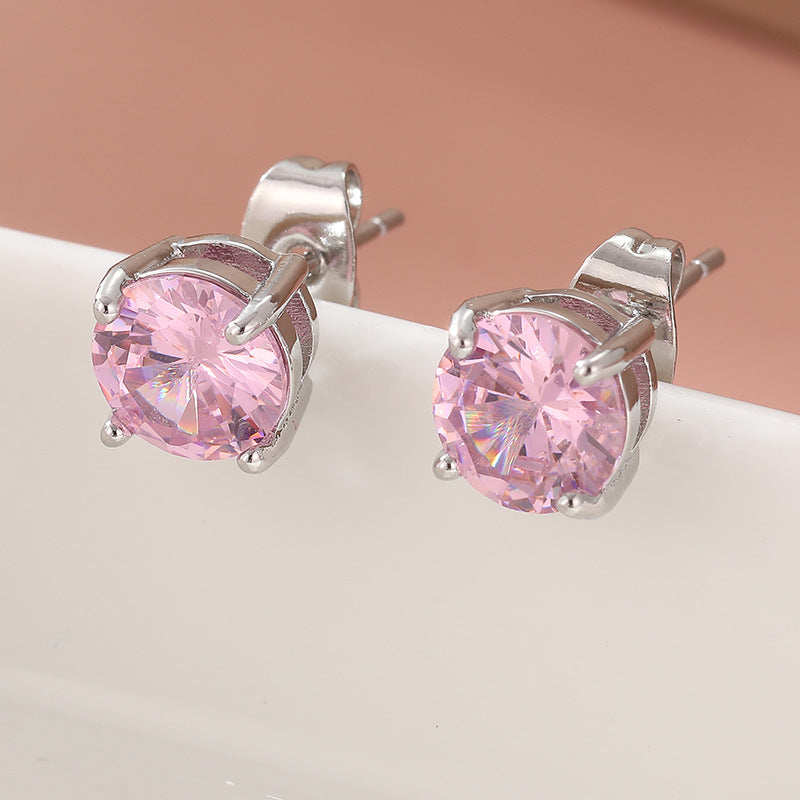 Blush Round Crystal Stud Earrings Silver Tone Brass Women Elegant Daily Party Fashion Jewelry Sparkling