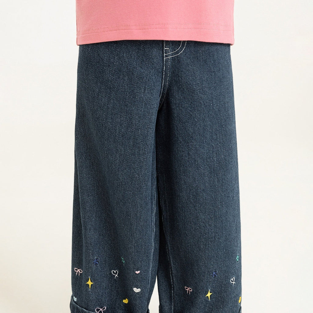 Embroidered Elastic-Waist Kids Wide-Leg Denim Trousers