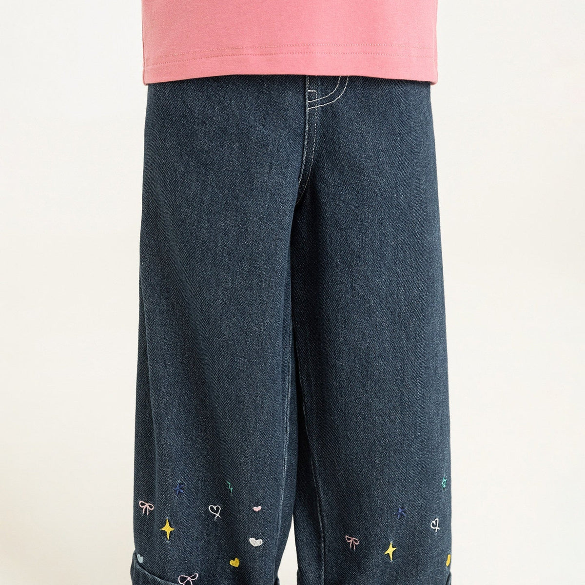 Embroidered Elastic-Waist Kids Wide-Leg Denim Trousers