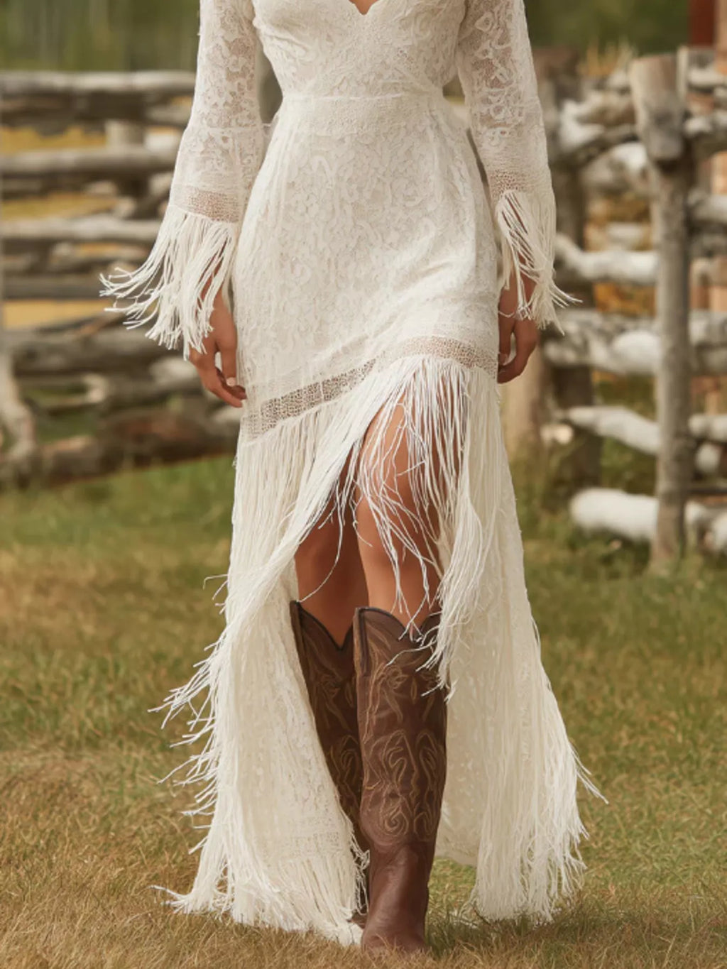 Lace Fringe V-Neck Maxi Dress