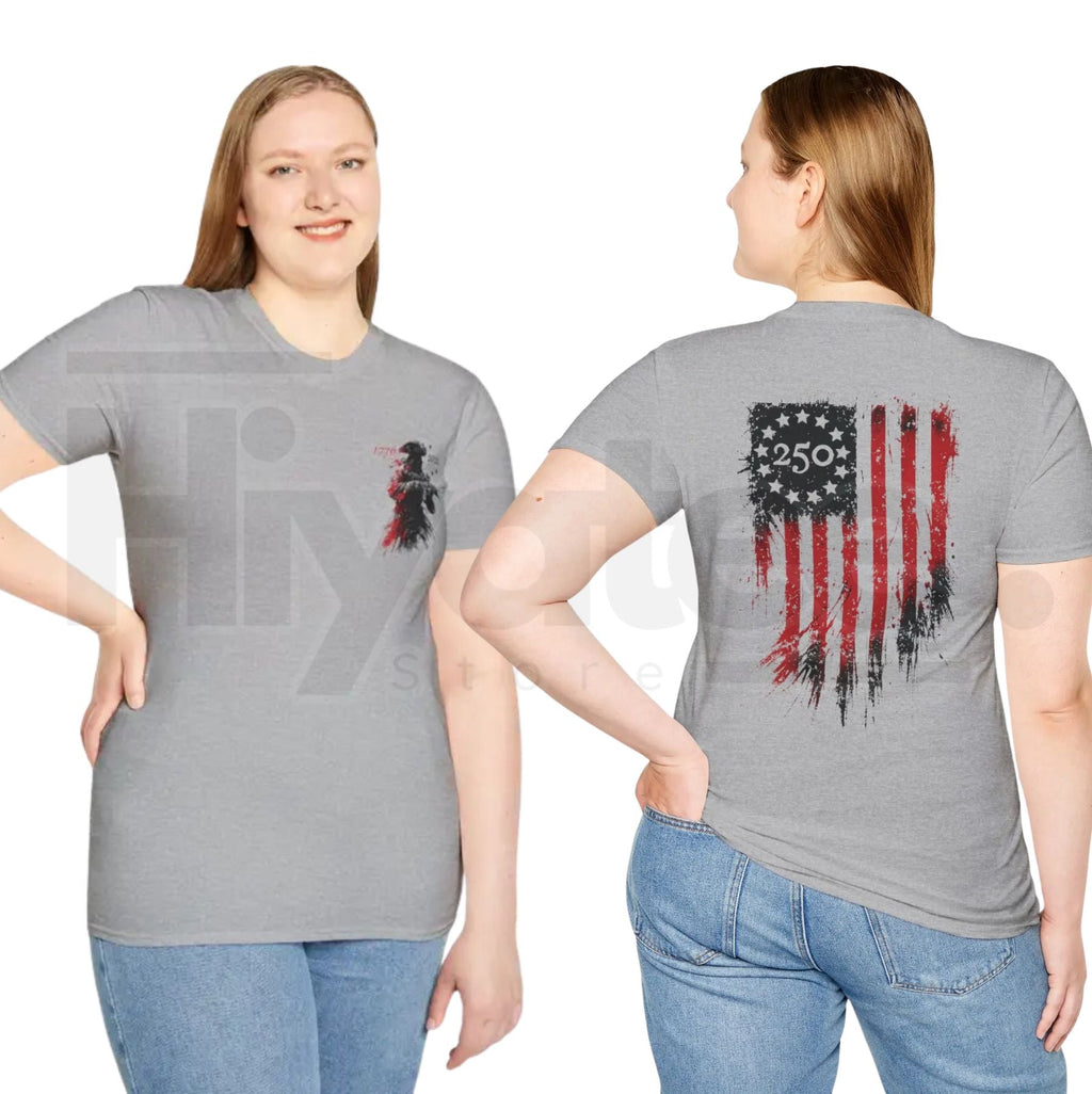250th Anniversary Distressed American Flag T-Shirt – Retro Revolutionary Soldier America 250 Patriotic Tee