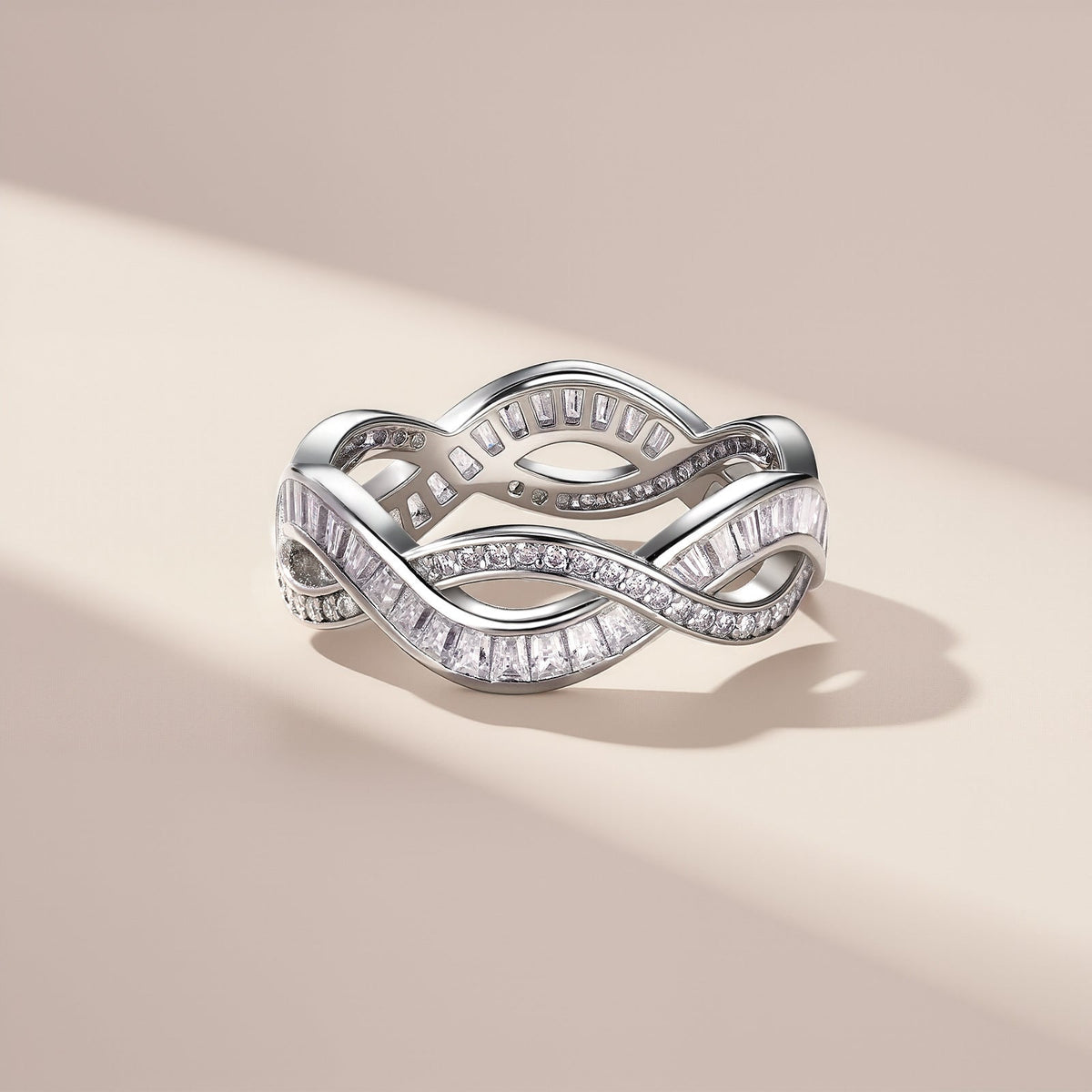 S925 Silver 3g Baguette Moissanite Intertwined Ring, D VVS1, GRA US 5-8