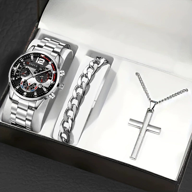 Men's Bracelet Cross Necklace And Watch Set