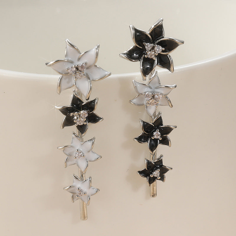 Colorful Flower Stud Earrings Silver Tone Brass Women Black White Crystal Party Fashion Jewelry Elegant