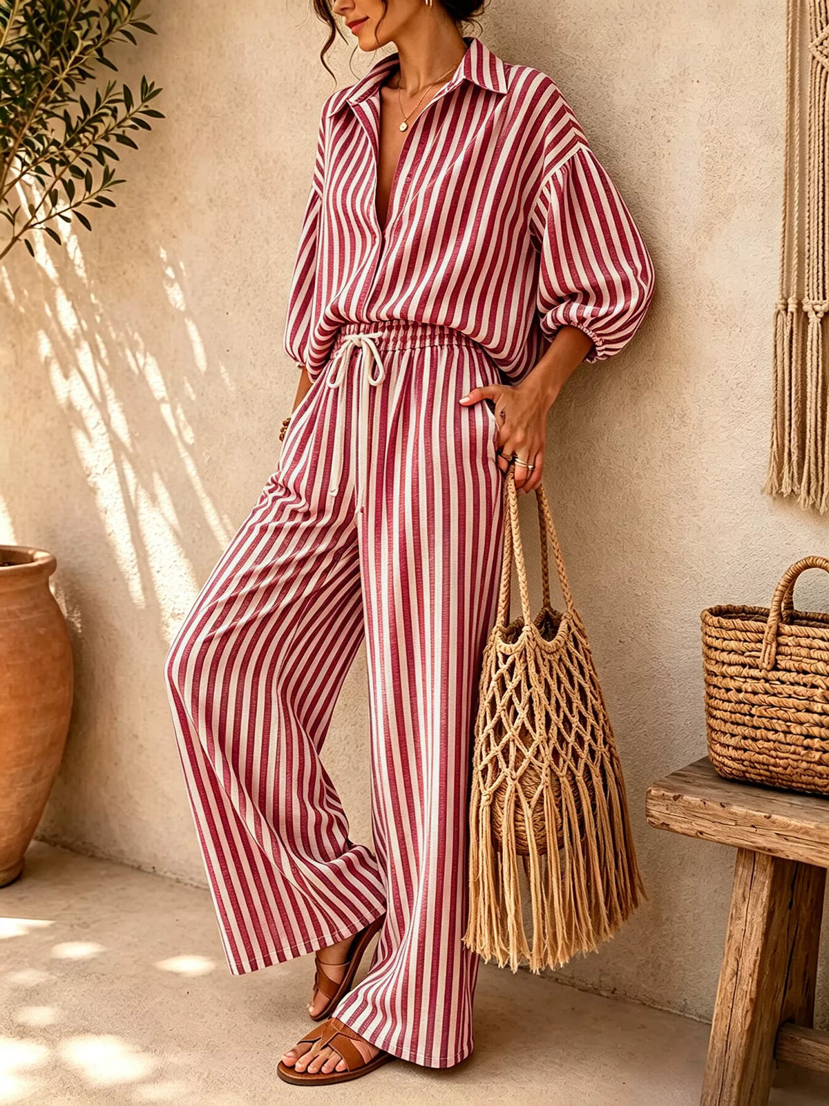 Striped Collared Shirt and Wide-Leg Drawstring Pants Set