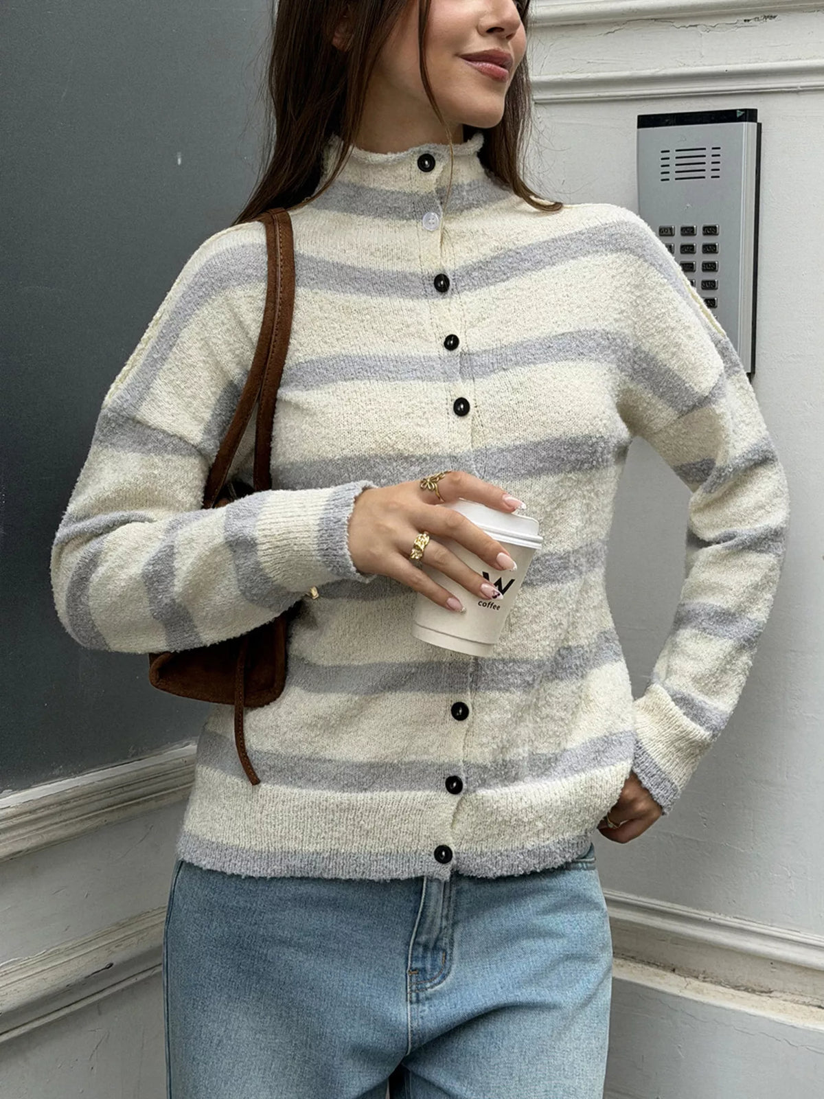 Striped Mock Neck Button-Down Textured Cardigan