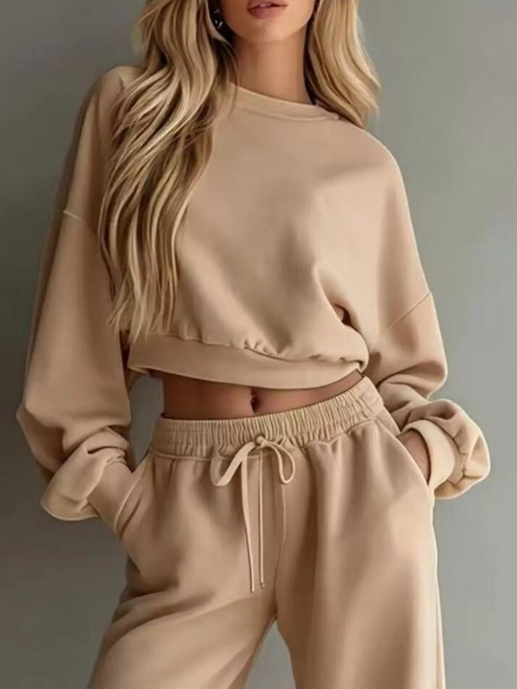 Round Neck Cropped Sweatshirt and Wide-Leg Pants