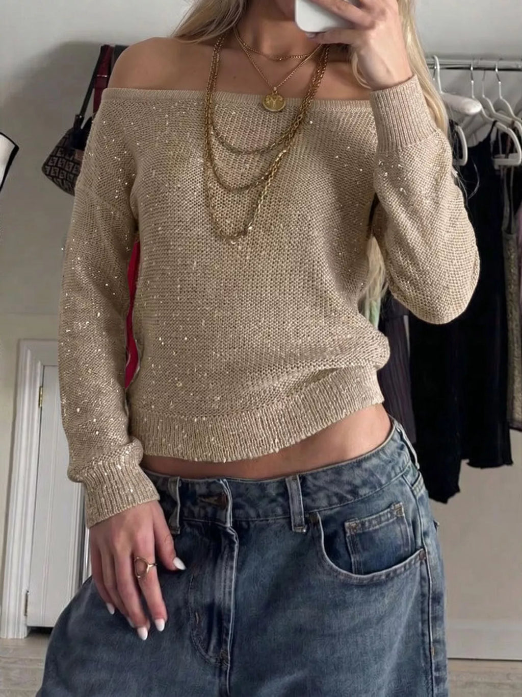 Sequin Off-Shoulder Sweater