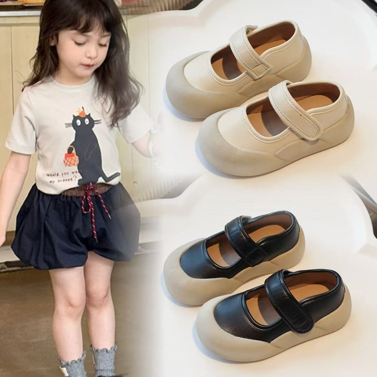 Children's Small Leather Shoes, Girls' Round Toe Soft Sole, Straight Strap, Shallow Mouth French Single Shoe, Versatile Leather Shoes