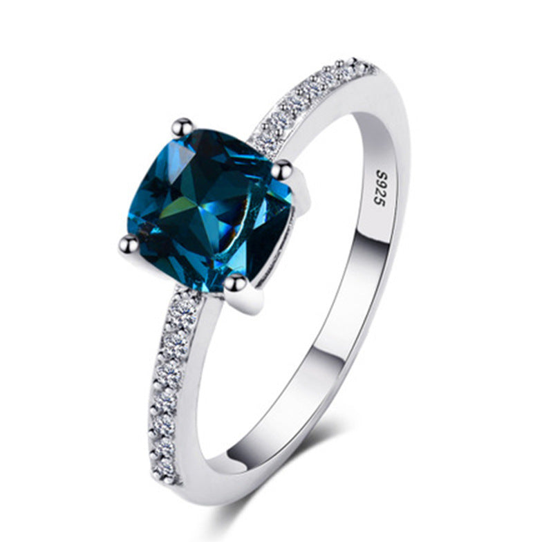 Micro-paved Zircon Royal Blue Square-cut Ring For Women