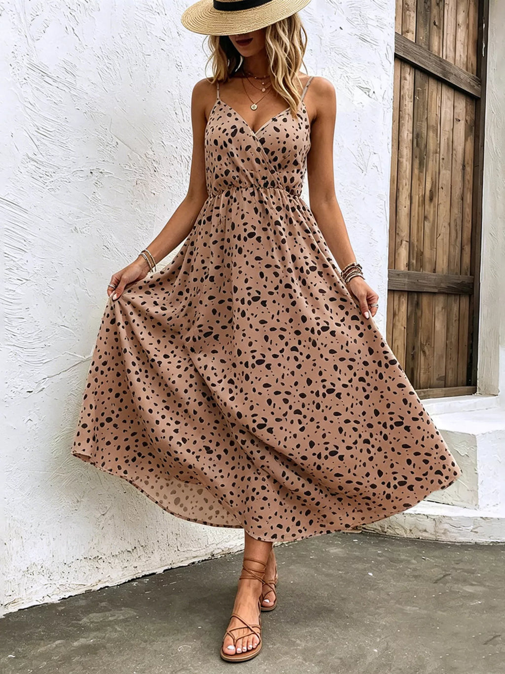 Floral Print Spaghetti Strap Midi Dress – White / Taupe
