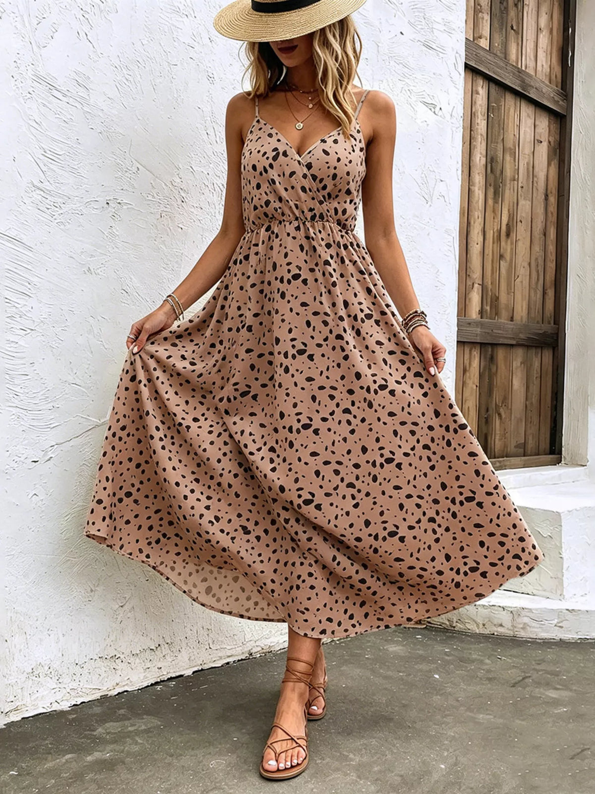 Floral Print Spaghetti Strap Midi Dress – White / Taupe