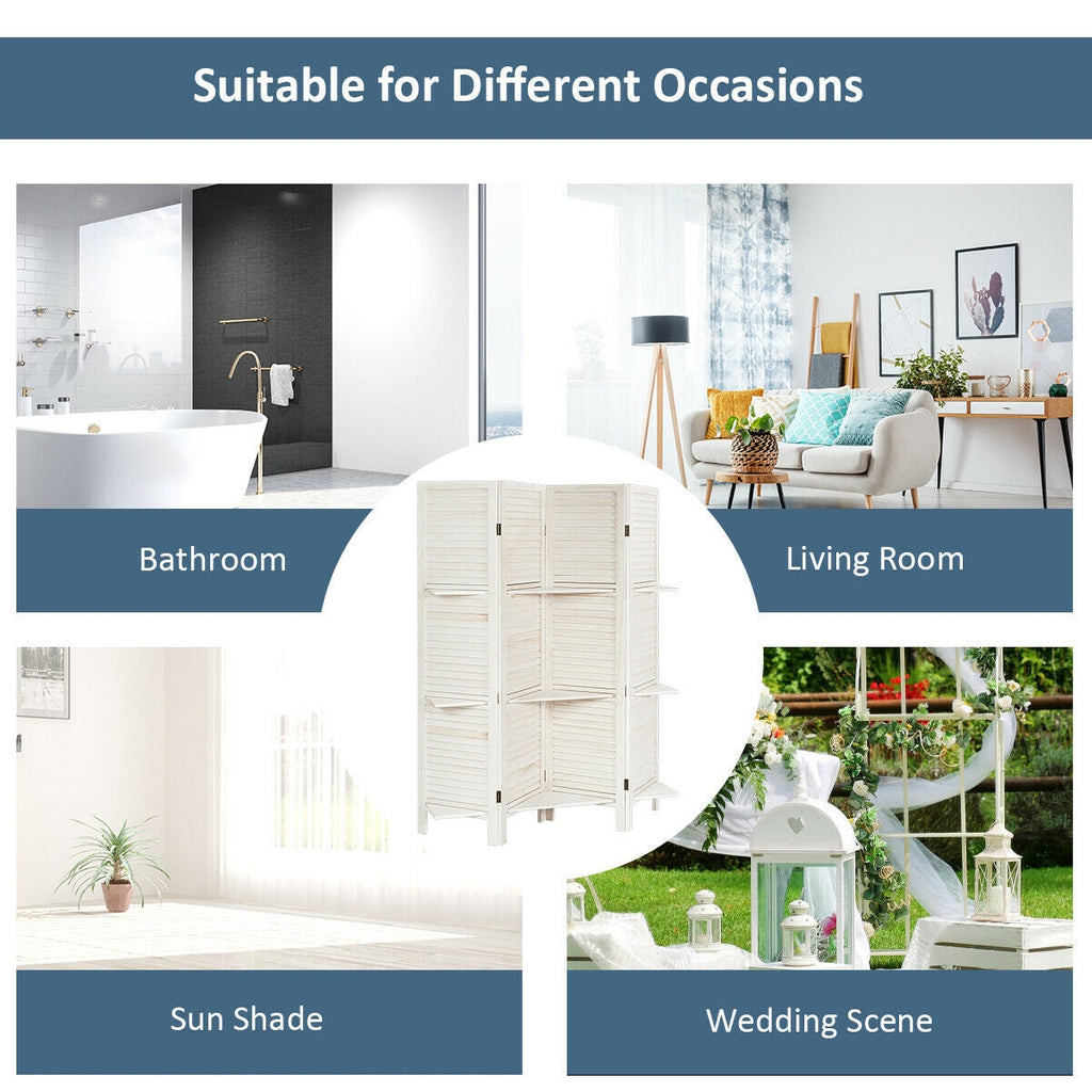4 Panel Folding Room Divider Screen with 3 Display Shelves