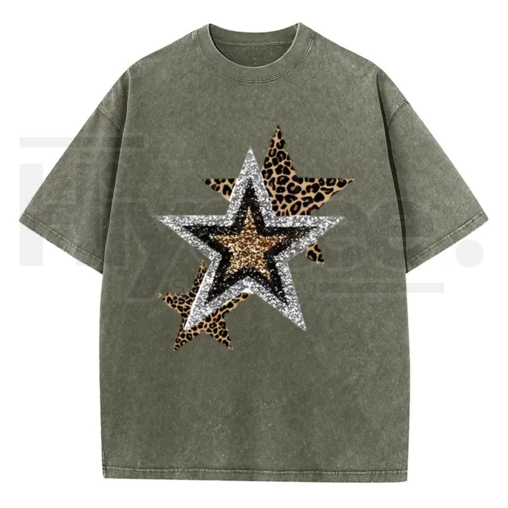 Holafish Outing Street Tee – Acid Wash Leopard Star Graphic Unisex T-Shirt