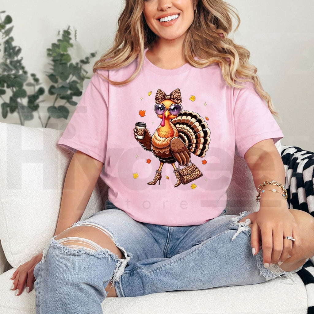 Women's Leopard Turkey Drinking Coffee T-Shirt – Festive Thanksgiving Day Graphic Tee