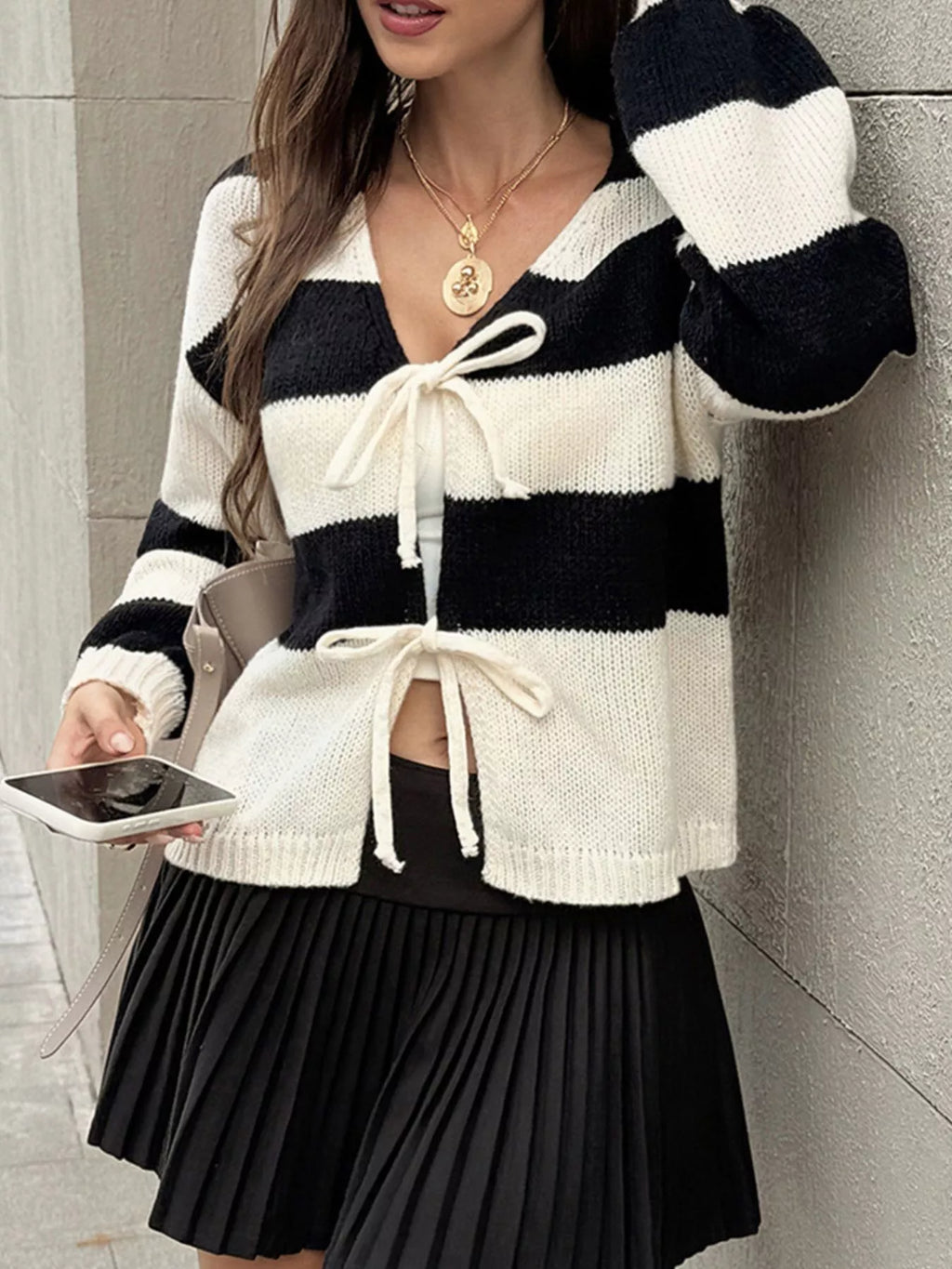 Striped Tie-Front Knit Cardigan