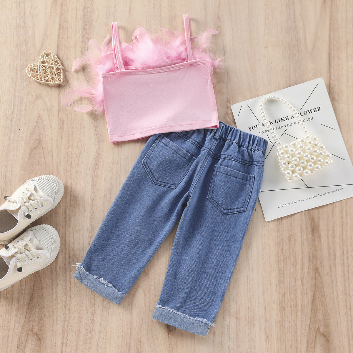 New Girls' Solid Color Sling Top Denim Trousers Suit