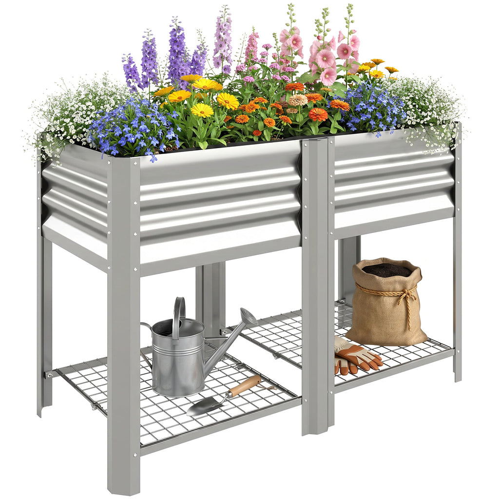 Outsunny Galvanized Steel Raised Garden Bed with Storage Shelf