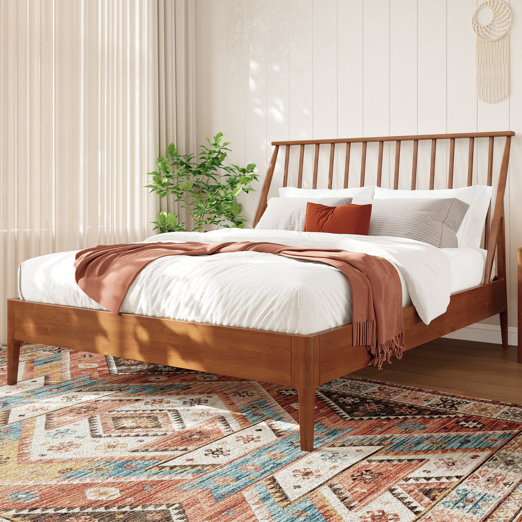 Solid Bamboo Wood Spindle Platform Queen Bed