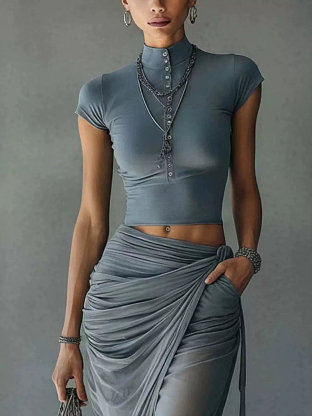 Mock Neck Crop Top and Ruched Maxi Skirt Set