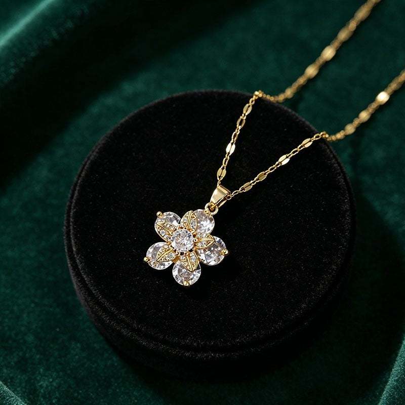Women Rotatable Flower Titanium Steel Clavicle Necklace, Minimalist Micro Paved  Multicolor Zircon Fashion Trendy Cross Border Pendant Chain