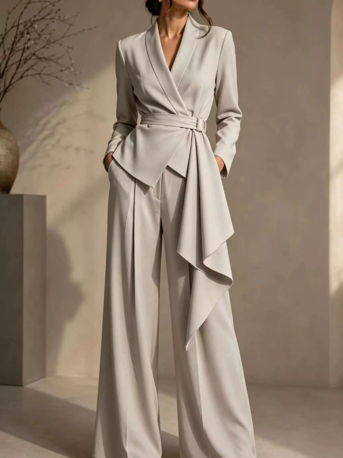 Full Size Belted Blazer and Wide-Leg Pants Set Plus Size