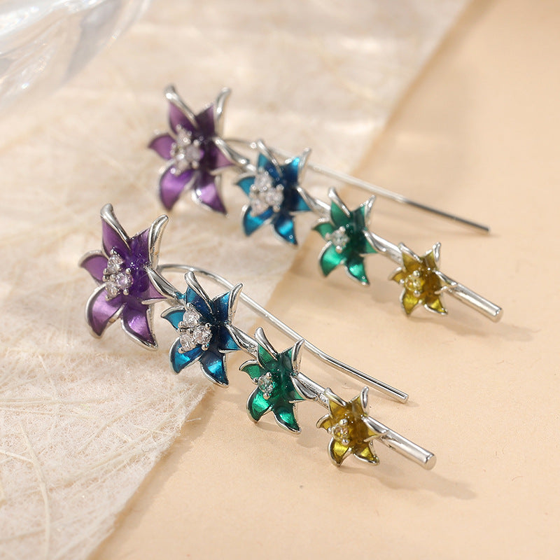 Colorful Flower Stud Earrings Silver Tone Brass Women Black White Crystal Party Fashion Jewelry Elegant