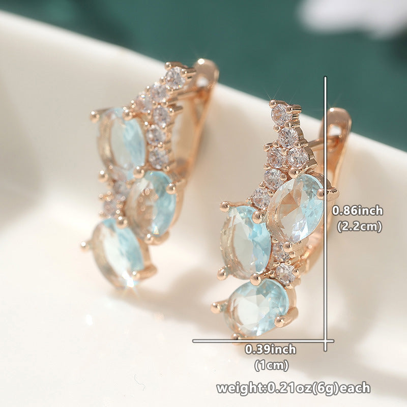Aqua Blue Oval Crystal Stud Earrings Rose Gold Tone Brass Women Elegant Party Fashion Jewelry